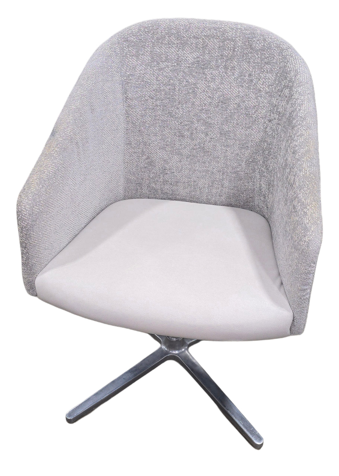 Modern grey swivel chair with padded seat and silver base, hotel liquidation furniture from SHL Cartersville GA
