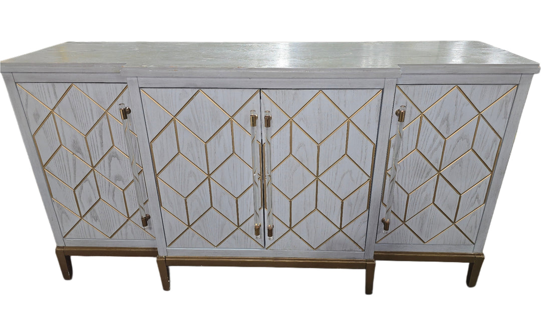 67 inch modern buffet cabinet in light blue with gold accents, available at Southern Hospitality Liquidation in Cartersville GA