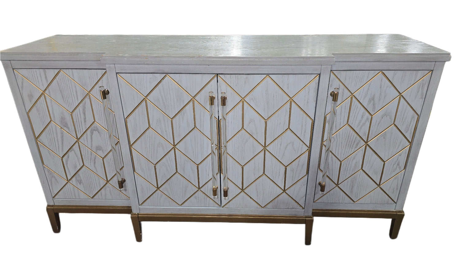 67 inch modern buffet cabinet in light blue with gold accents, available at Southern Hospitality Liquidation in Cartersville GA