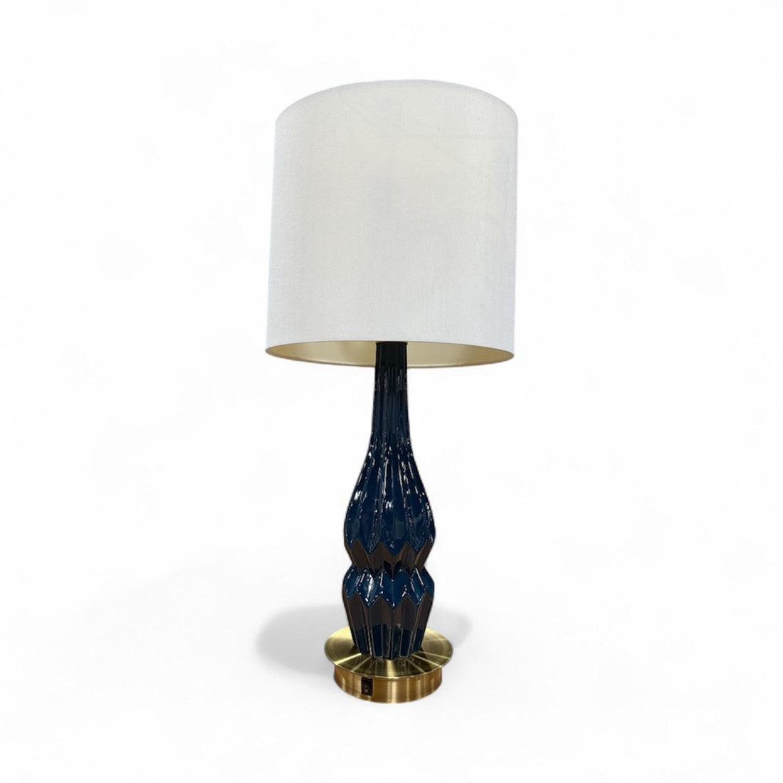 Navy and brass table lamp from SHL hotel liquidation