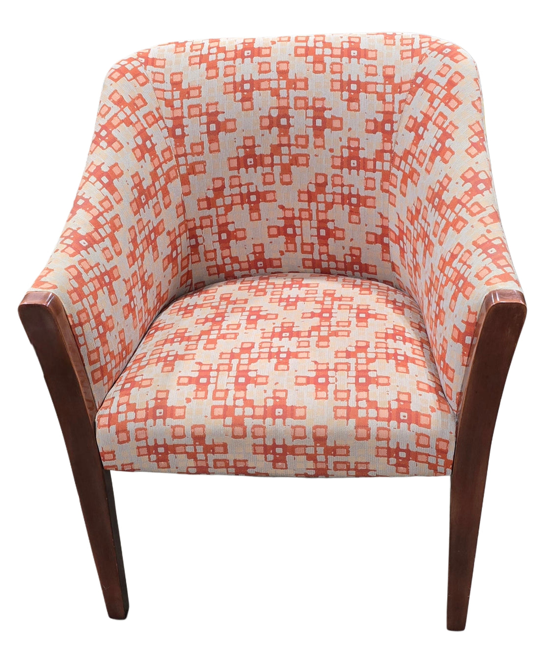 Front view of orange and beige bucket chair, modern accent seating from SHL, used and in good condition