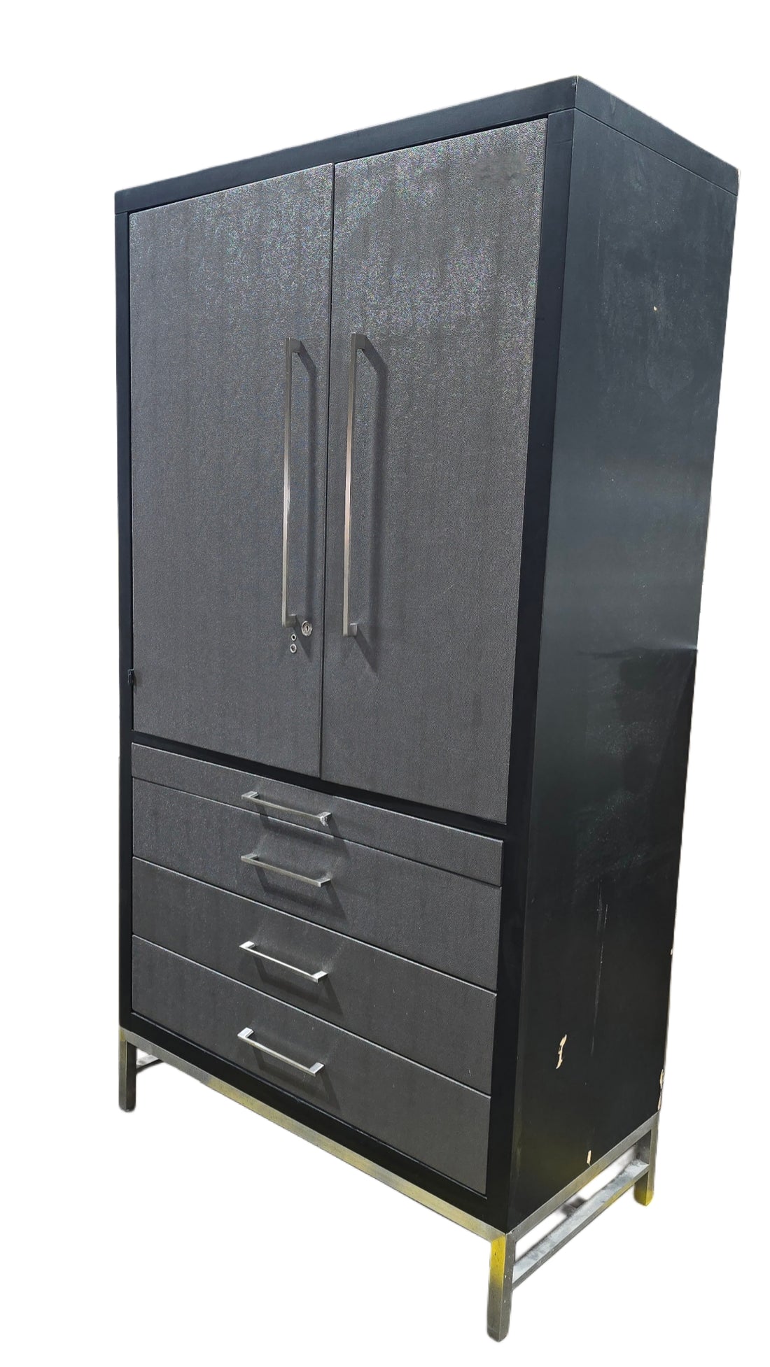Pre-owned black and grey storage cabinet, 43W x 22D x 80.5H, available from Southern Hospitality Liquidation Cartersville GA near Atlanta.