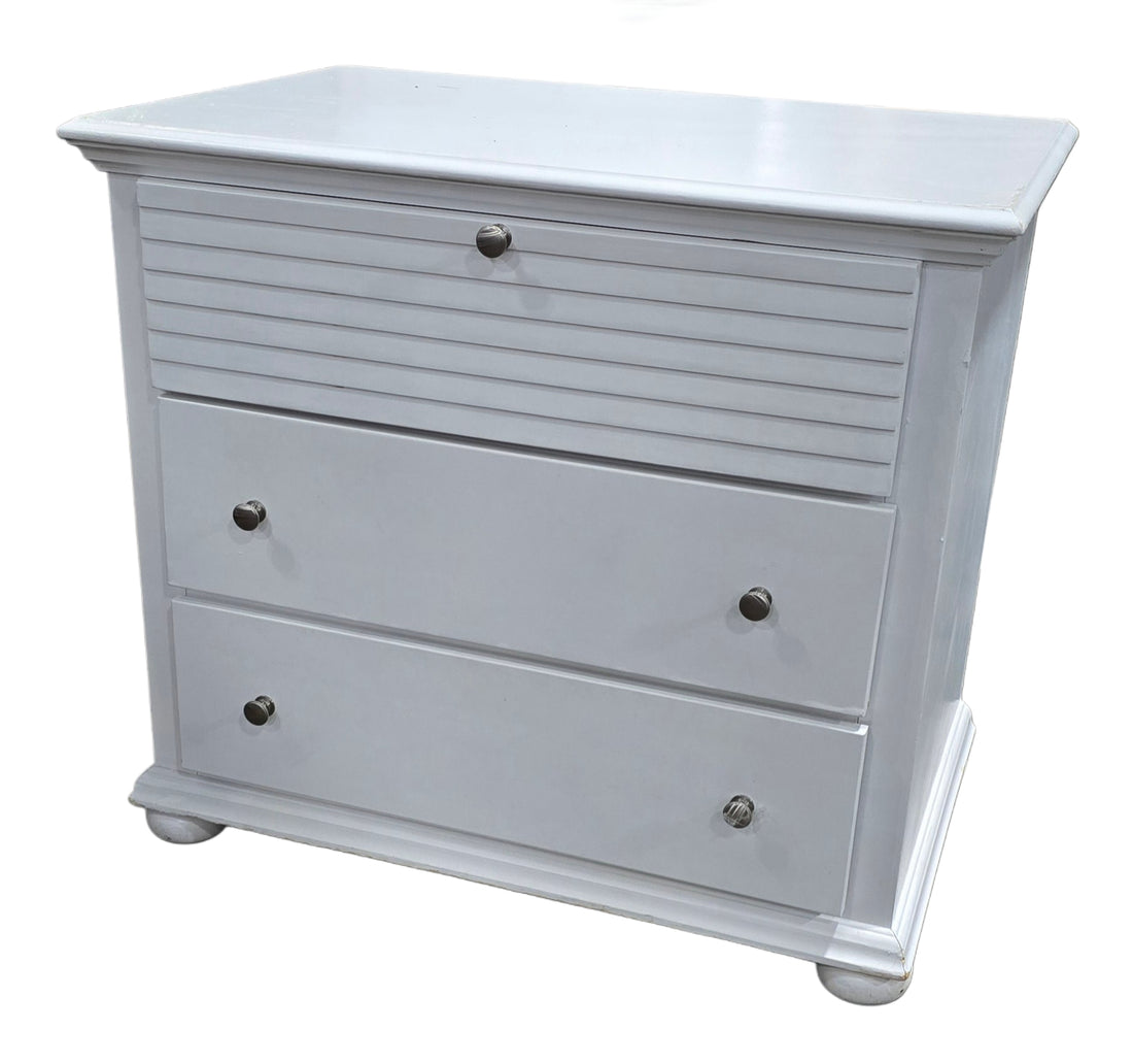 Pre-owned hotel dresser, white wood with three drawers, 37 x 24 x 33, available at Southern Hospitality Liquidation