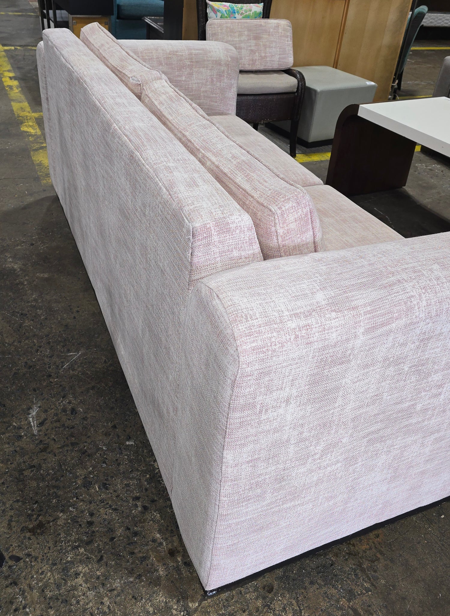 Queen sleeper sofa in blush pink upholstery, 80W x 36D, available from SHL Cartersville GA near Atlanta