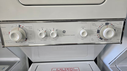 2011 GE Spacemaker white stacked laundry unit with top load dryer, compact design