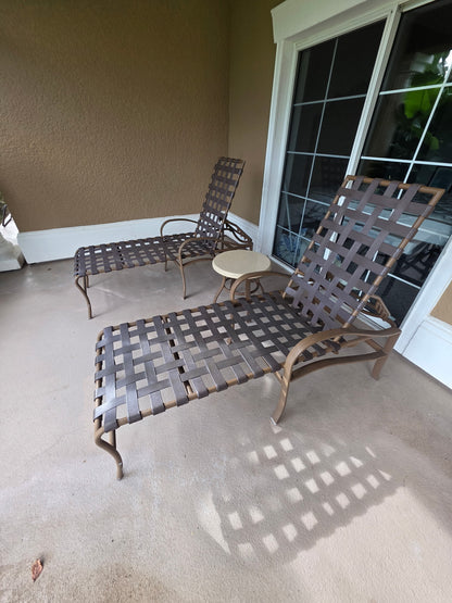 Reunion Resort patio furniture package with two lounge chairs, dining table, four dining chairs and tea table