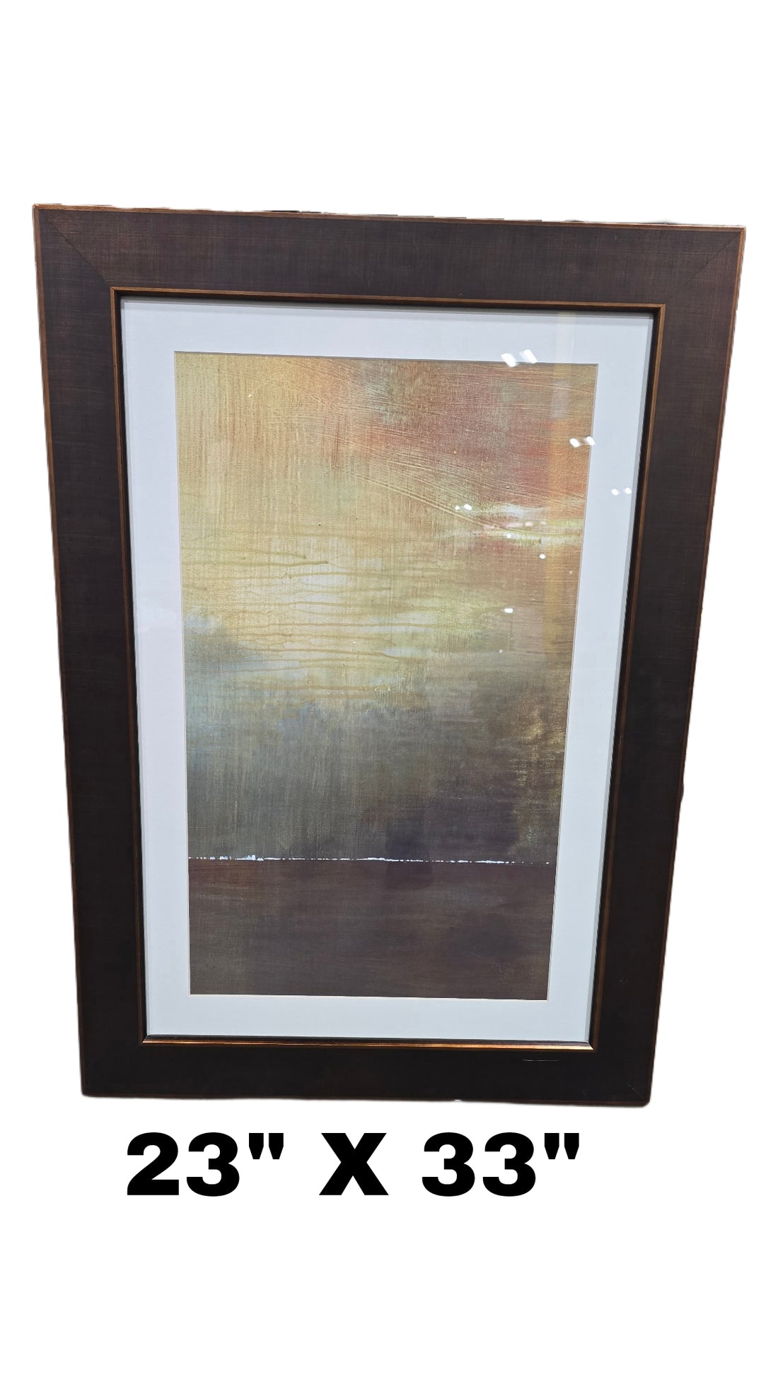 23 x 33 scenic wall art with brown wooden frame. Timeless framed artwork for homes, rentals, or hotel spaces.