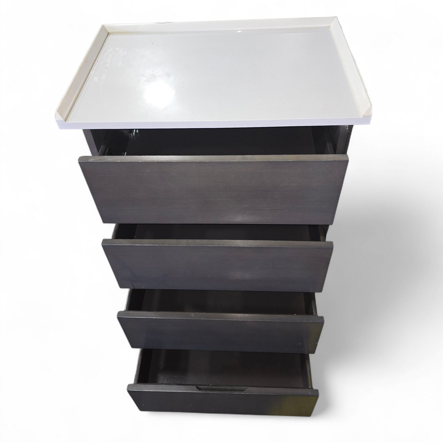 open drawer view of 4-drawer chest with granite top 27.5 x 18 x 42.5, used and in good condition, SHL