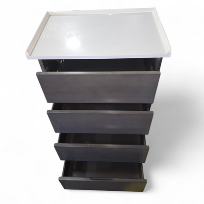 open drawer view of 4-drawer chest with granite top 27.5 x 18 x 42.5, used and in good condition, SHL