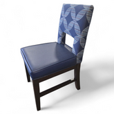 angled view dining chair blue vinyl seat patterned back 18 x 19, used and in good condition, SHL