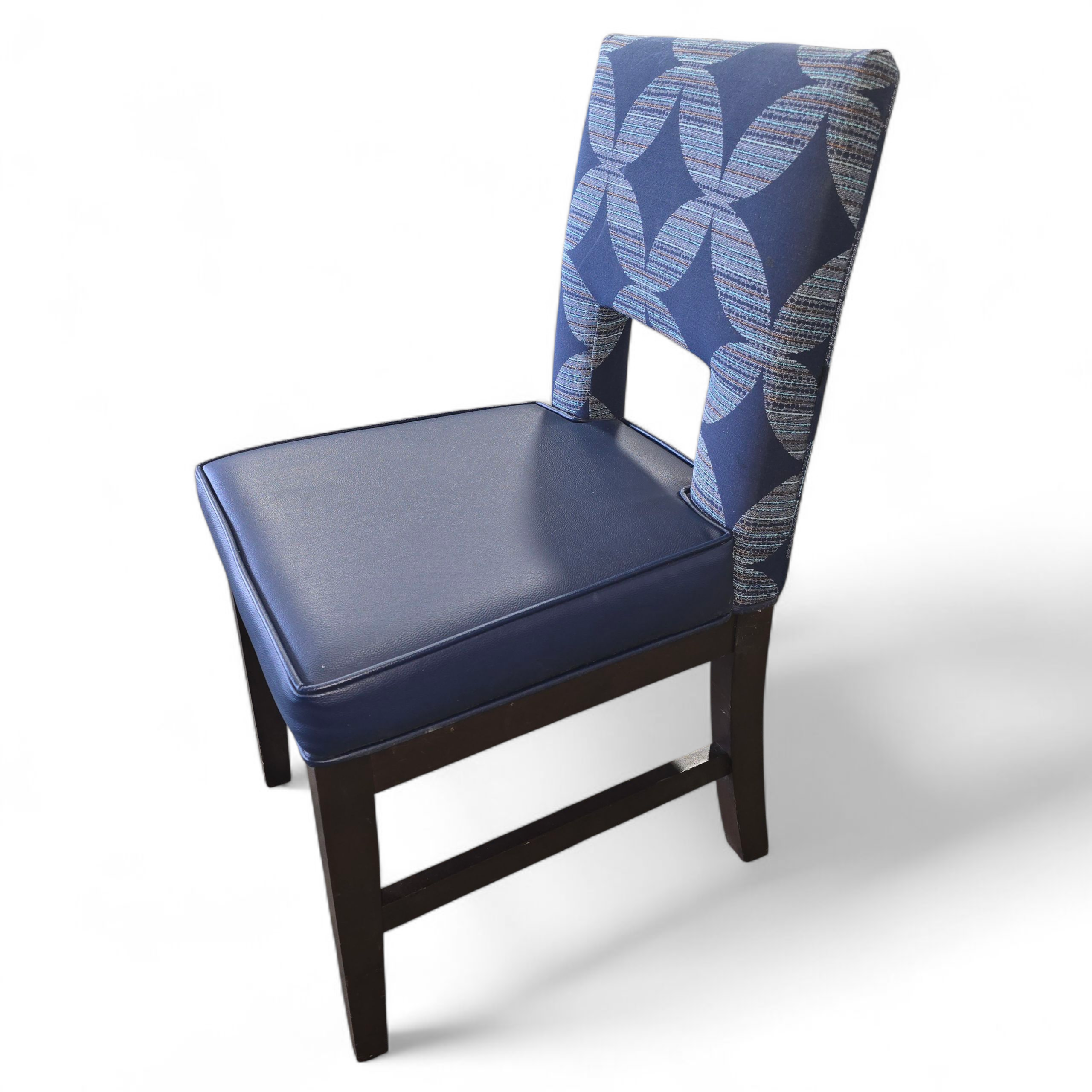 angled view dining chair blue vinyl seat patterned back 18 x 19, used and in good condition, SHL