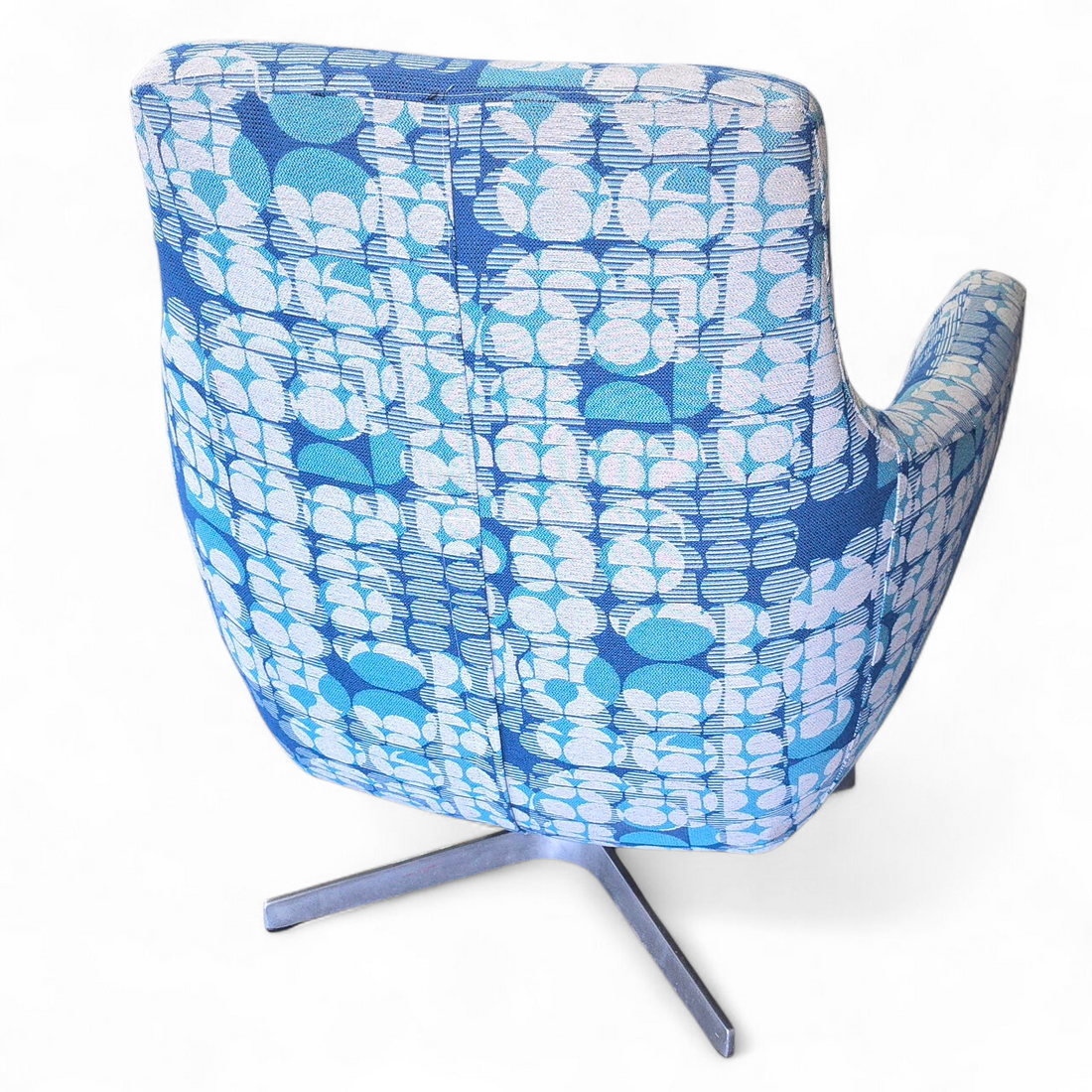 back view of mid-century modern blue and white patterned swivel accent chair 30 x 23, used and in good condition, SHL