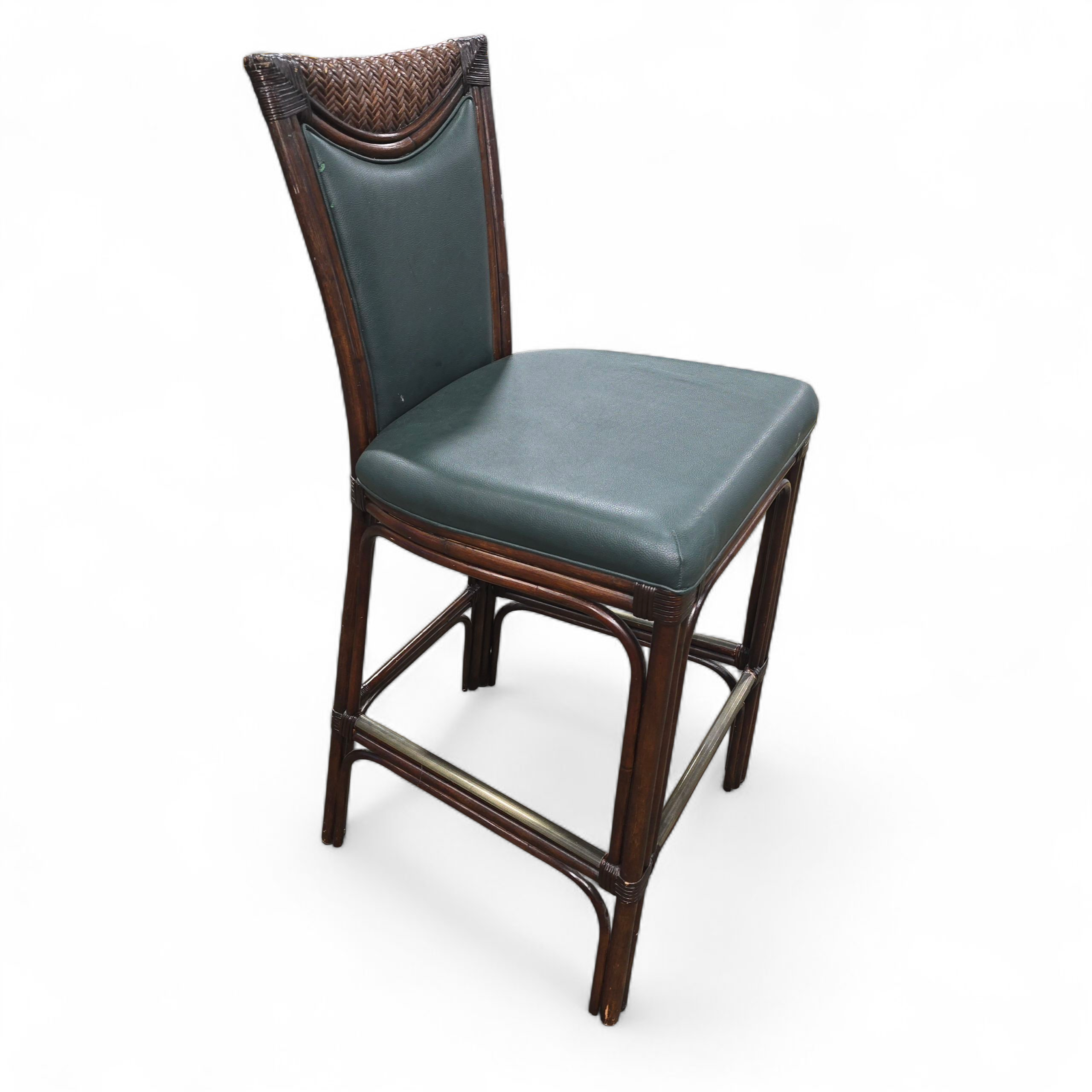 SHL side view of cane bar stool with dark green cushion, used and in good condition