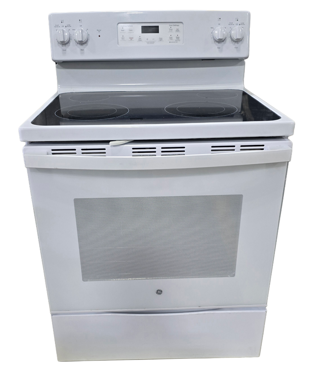 Front view of GE 30-inch electric glass top stove available at SHL in Cartersville GA
