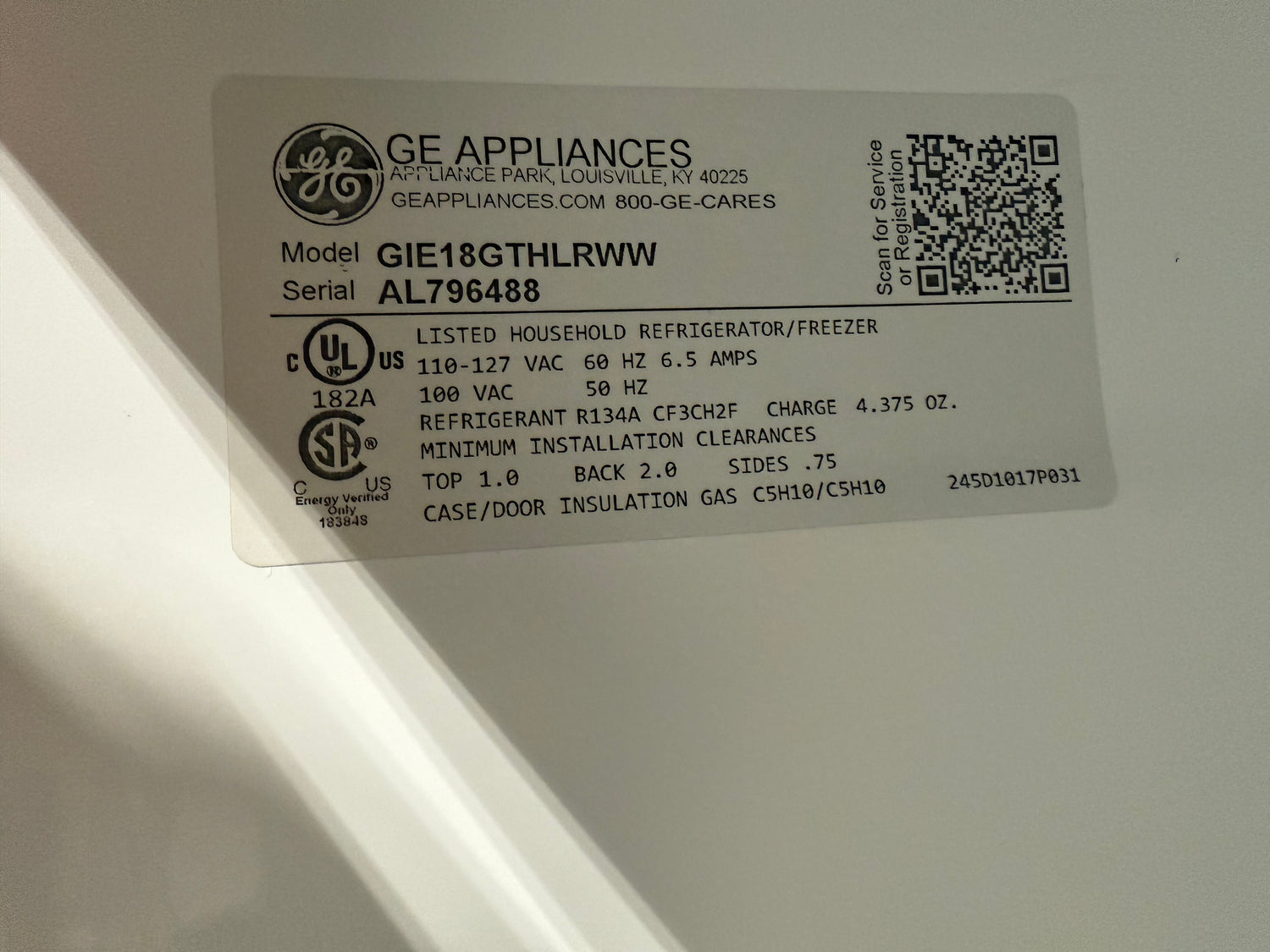 Back view of GE refrigerator showing Energy Star label, available through SHL Cartersville GA