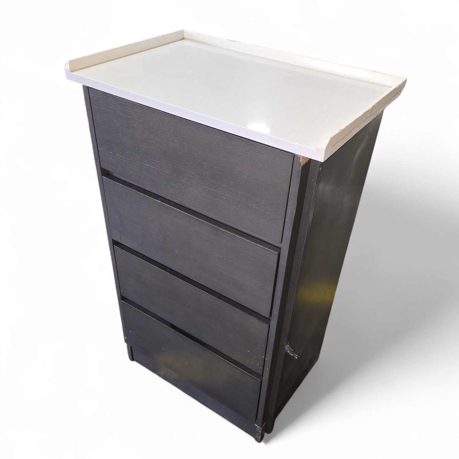 angled view of 4-drawer storage chest with white granite top 27.5 x 18 x 42.5, used and in good condition, SHL