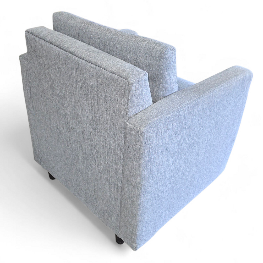 back view of gray upholstered arm chair 32 x 34, used and in good condition, SHL