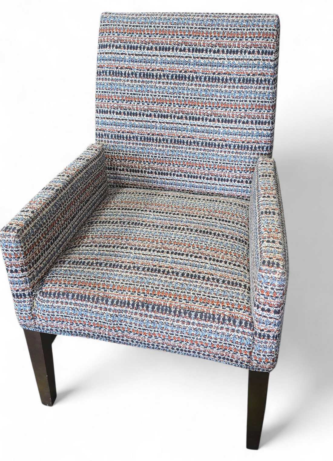 upholstered accent chair with multi-color textured fabric 22.5 x 23 and 17 inch seat height, used and in good condition, SHL