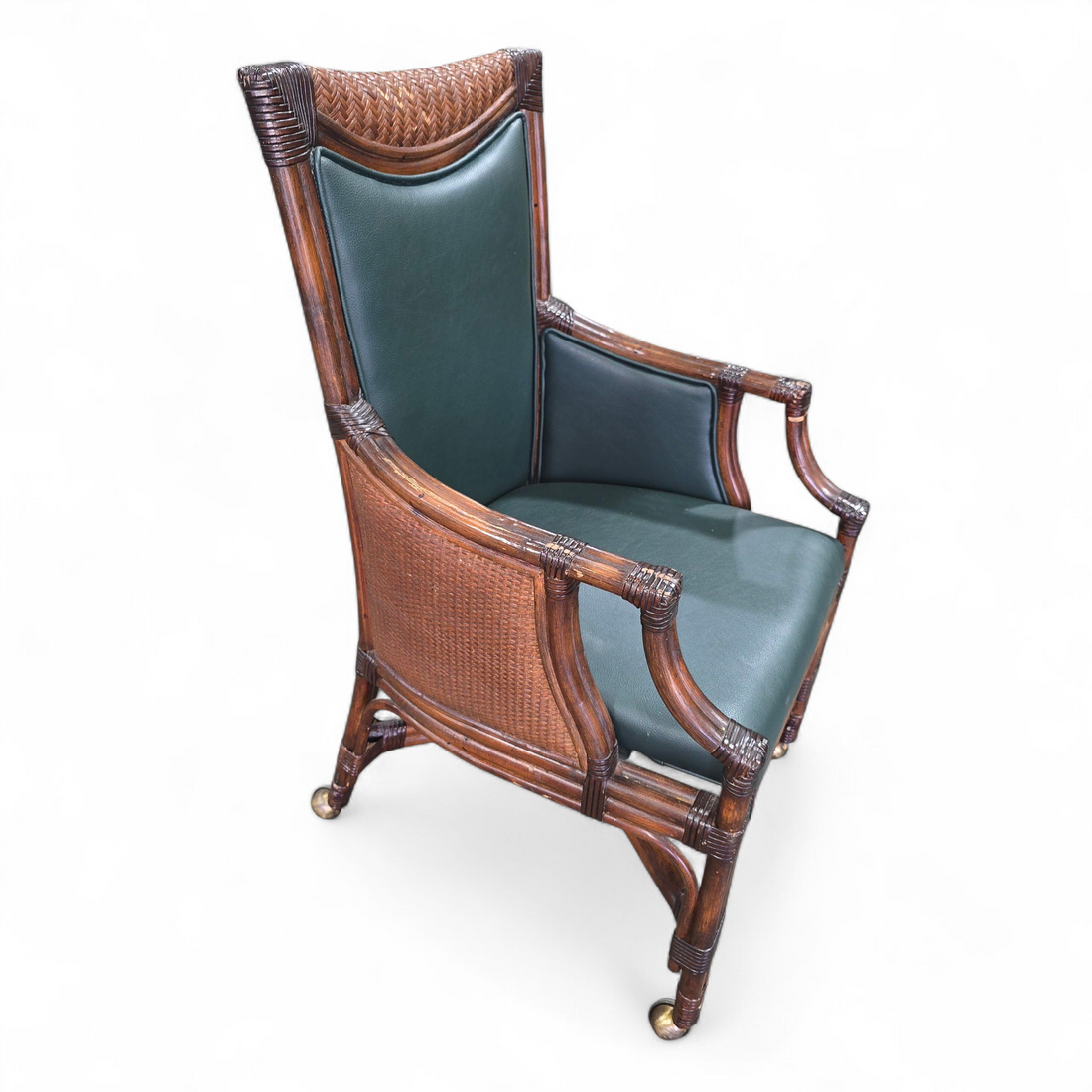 SHL side view of rattan rolling chair with dark green vinyl, used and in good condition