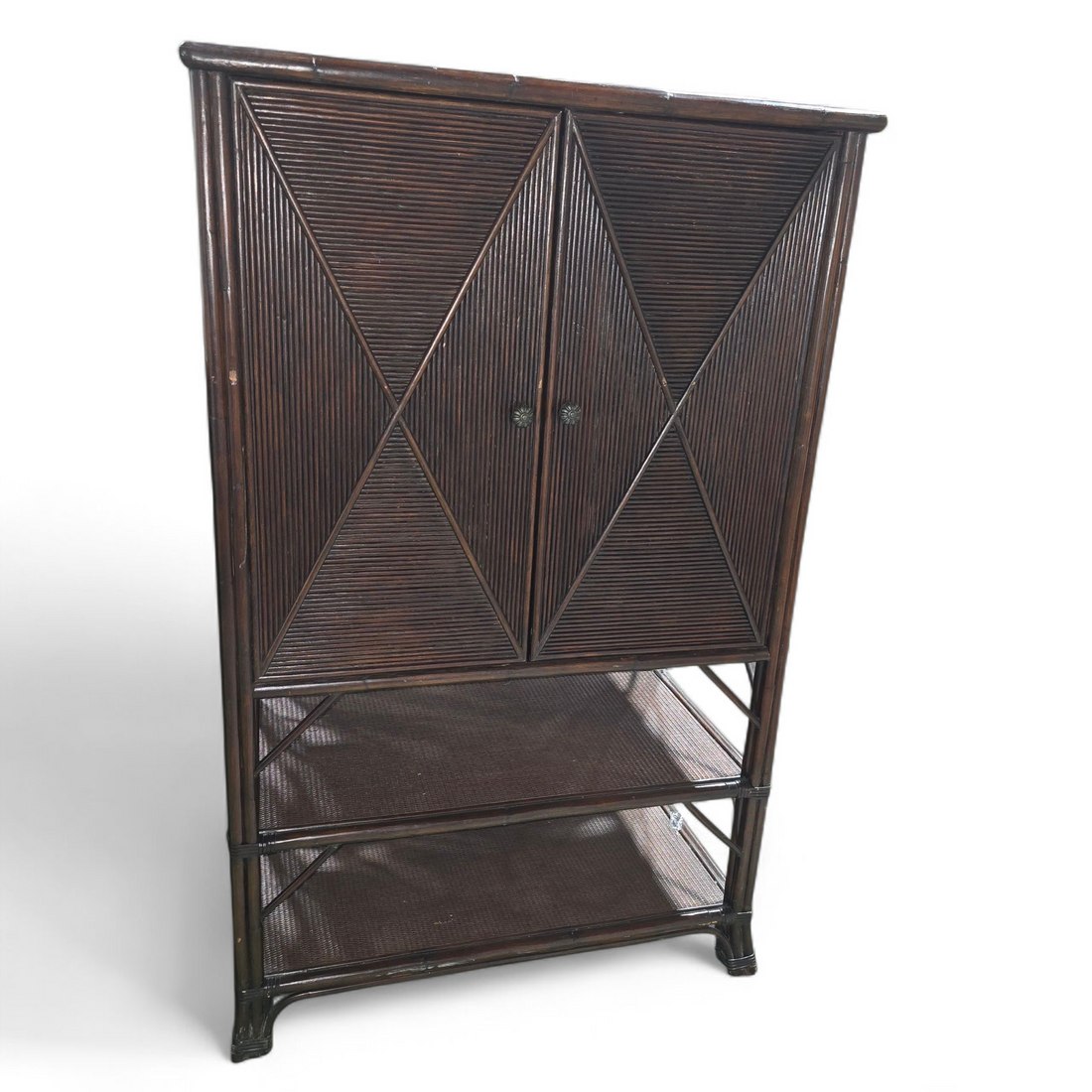 SHL rattan TV cabinet with swivel shelf extended, used and in good condition