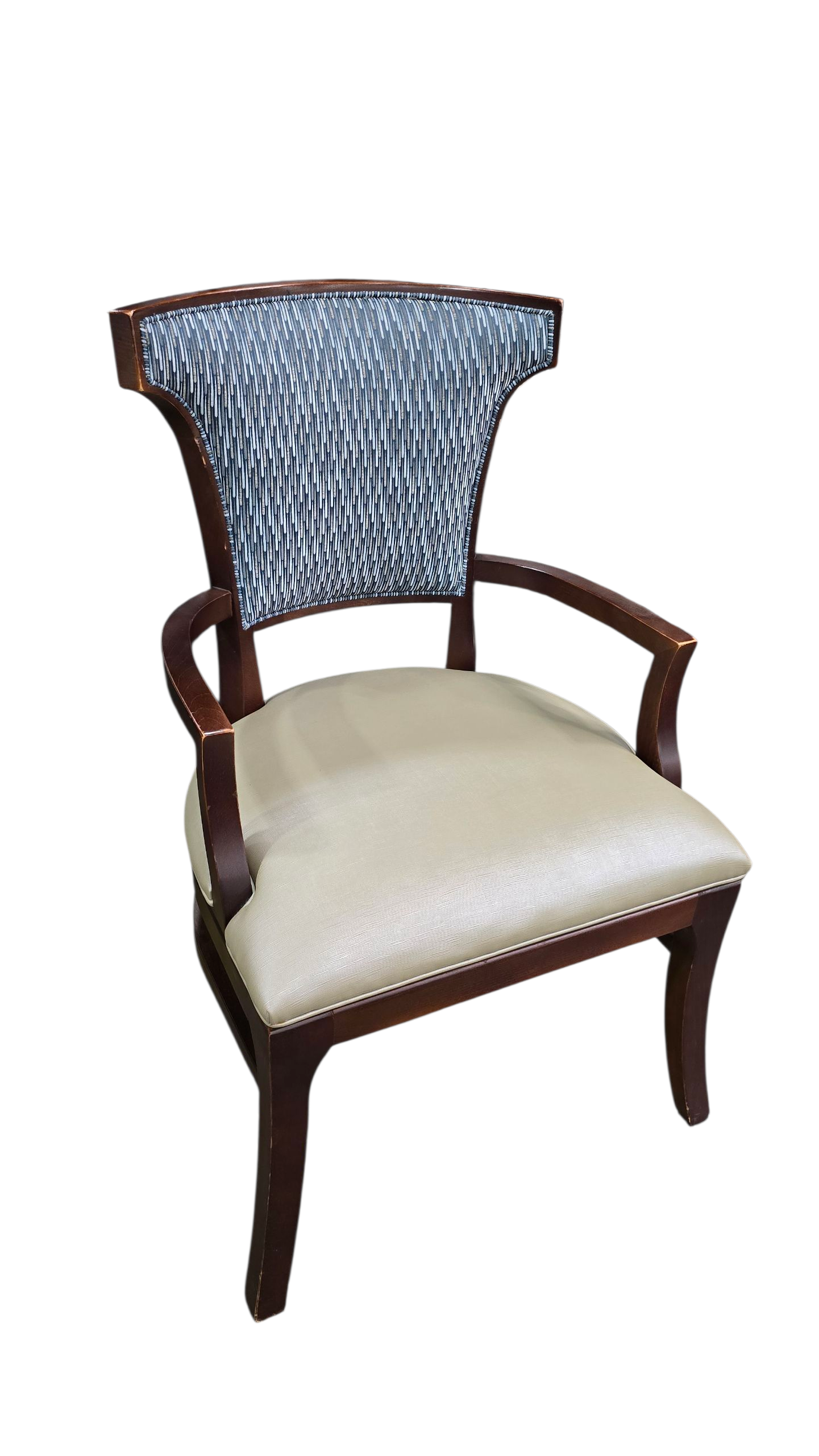 Traditional dining arm chair with blue and cream vinyl and fabric upholstery.