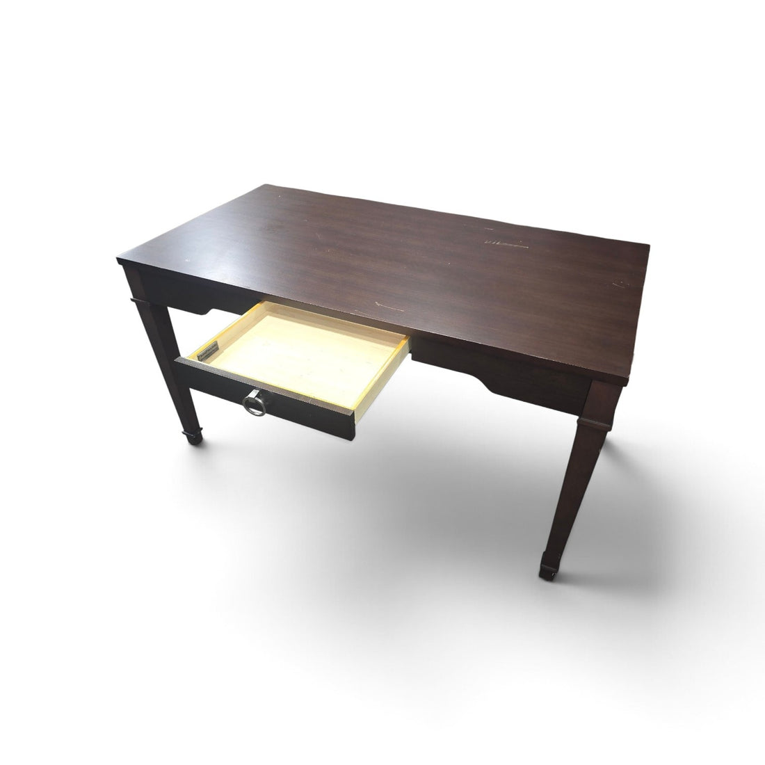 Used dark brown writing desk with single drawer, SHL