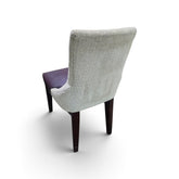 Used gray upholstered dining chair back view with dark wood legs SHL