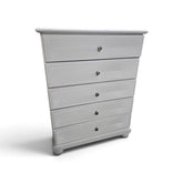 Used white five-drawer chest with decorative wave-pattern fronts, SHL.