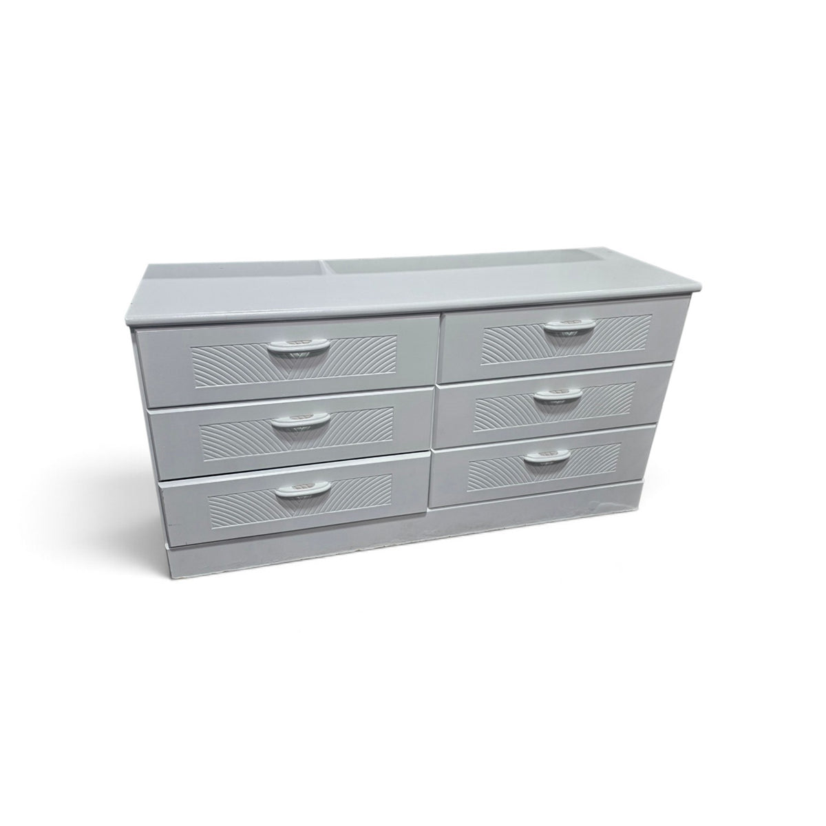 Used white six-drawer dresser with decorative drawer fronts, SHL.