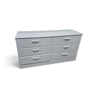 Used white six-drawer dresser with decorative drawer fronts, SHL.