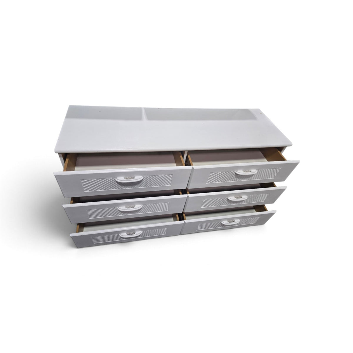Used white six-drawer dresser with drawers open, SHL.