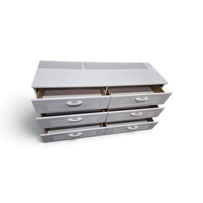 Used white six-drawer dresser with drawers open, SHL.