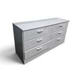 Side view of used white six-drawer dresser, SHL.