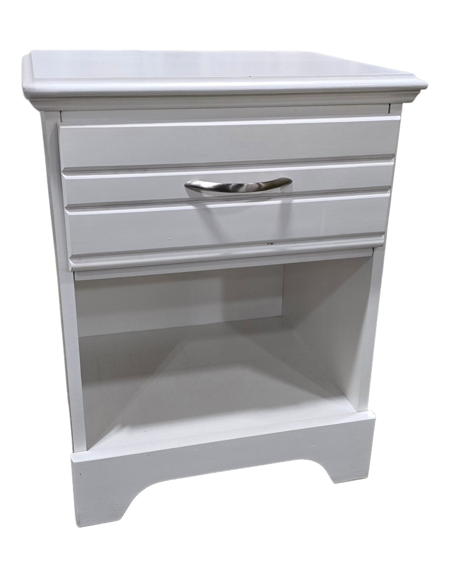 Shutter front white wood nightstand with one drawer, 21.25 x 15.75 x 27.5, hotel liquidation from SHL Cartersville GA