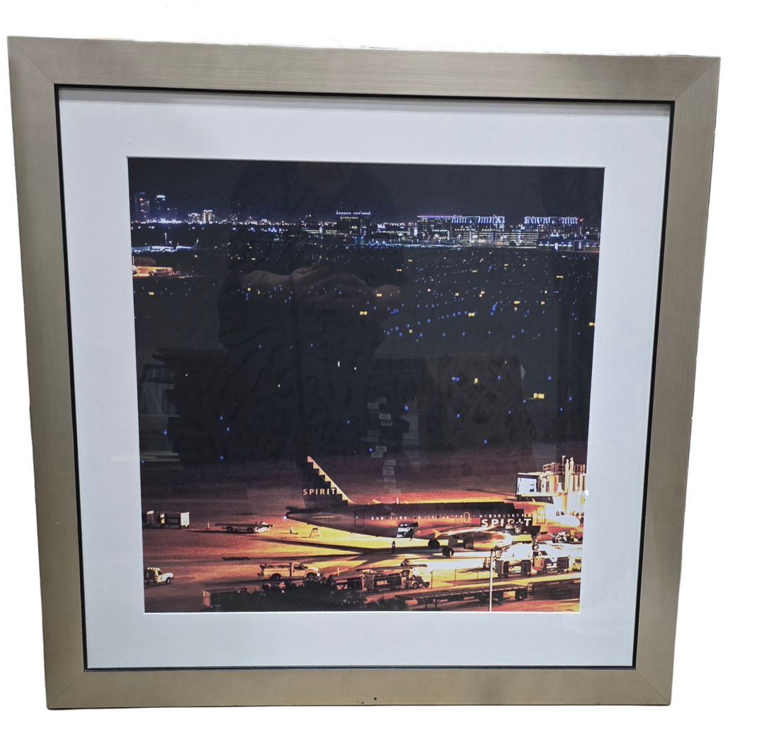 Front view of Spirit Air Miami Airport artwork, 31.5" x 31.5". Aviation-inspired wall art with city theme.