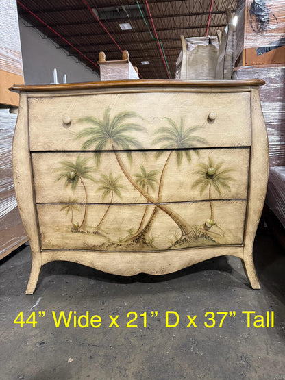 Front view of Tommy Bahama three-drawer dresser, coastal design, used and in good condition