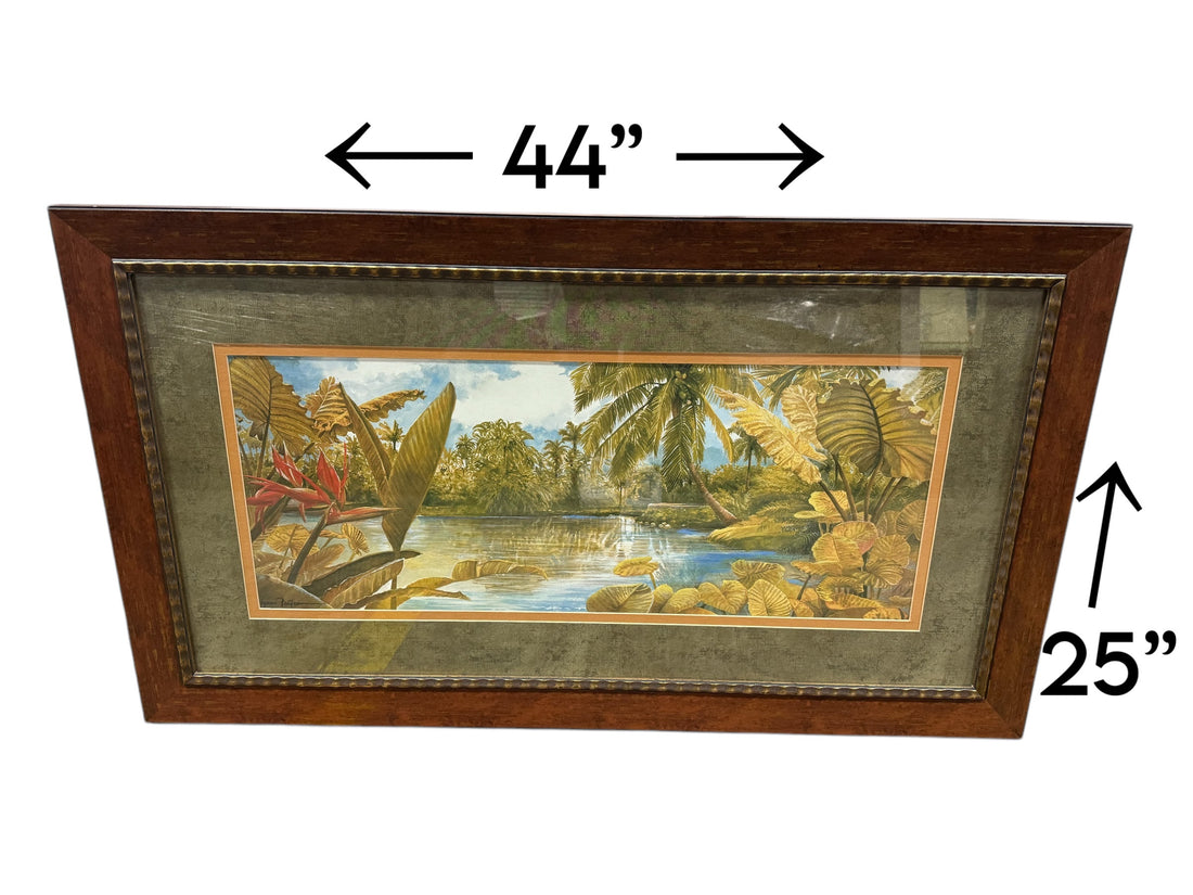 Tropical oasis artwork, 44 x 25, wooden frame, pre-owned hotel décor from SHL Cartersville GA serving Northwest Georgia.