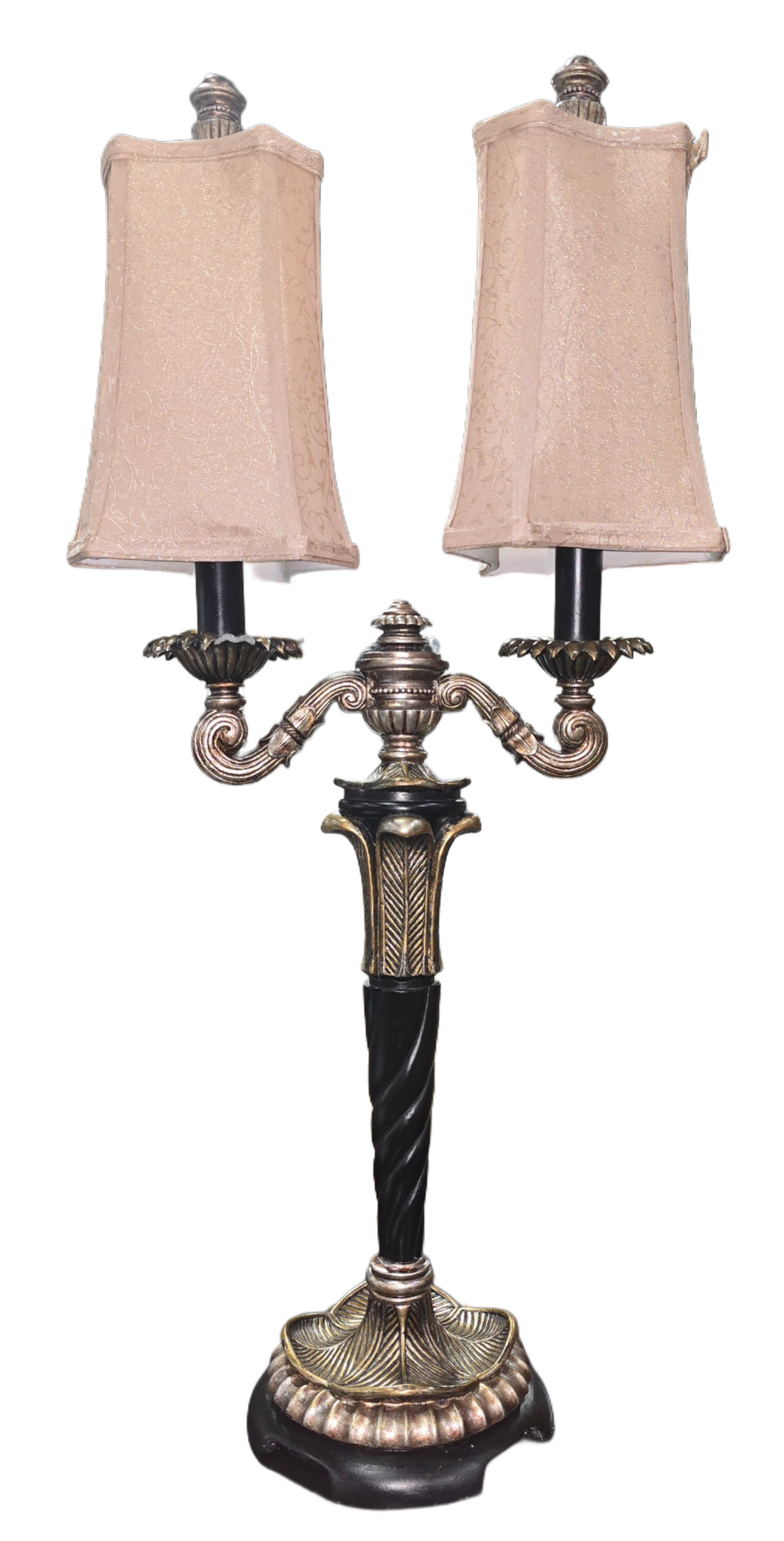 Two-light table lamp with decorative base and ornate double shades, available at Southern Hospitality Liquidation Cartersville GA