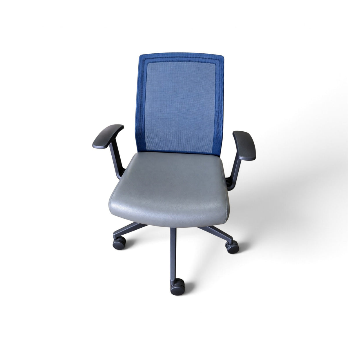 Used blue mesh back office chair with gray cushioned seat, black armrests and rolling base, SHL
