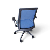 Used blue mesh office chair showing breathable mesh back, black frame and five-star rolling base, SHL