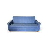 Used blue queen sofa sleeper with textured pinstripe upholstery, track arms and wood-finish feet, SHL