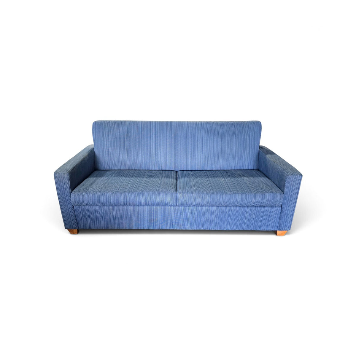 Used blue queen sofa sleeper with textured pinstripe upholstery, track arms and wood-finish feet, SHL
