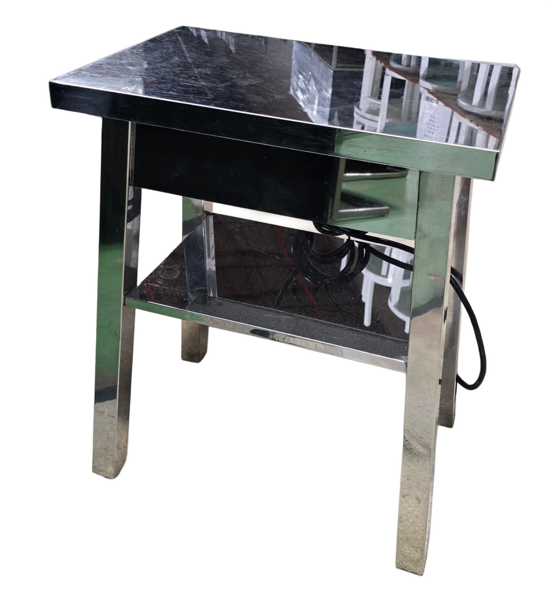 Used chrome side table with outlets and USB ports – angled view at Southern Hospitality Liquidation