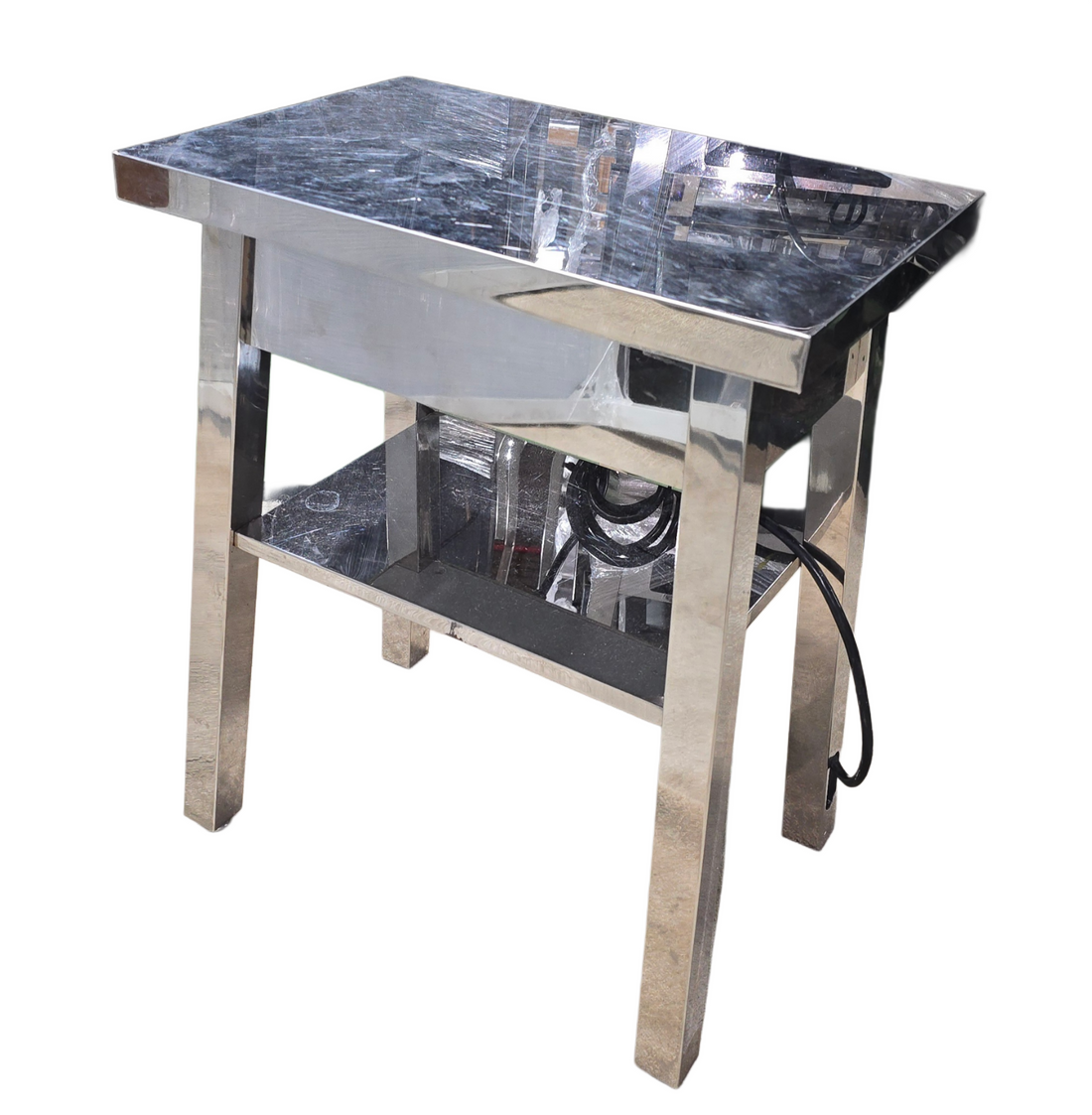 Chrome side table with built-in power outlets and USB ports – front view