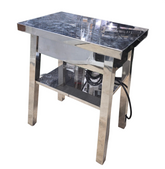 Chrome side table with built-in power outlets and USB ports – front view