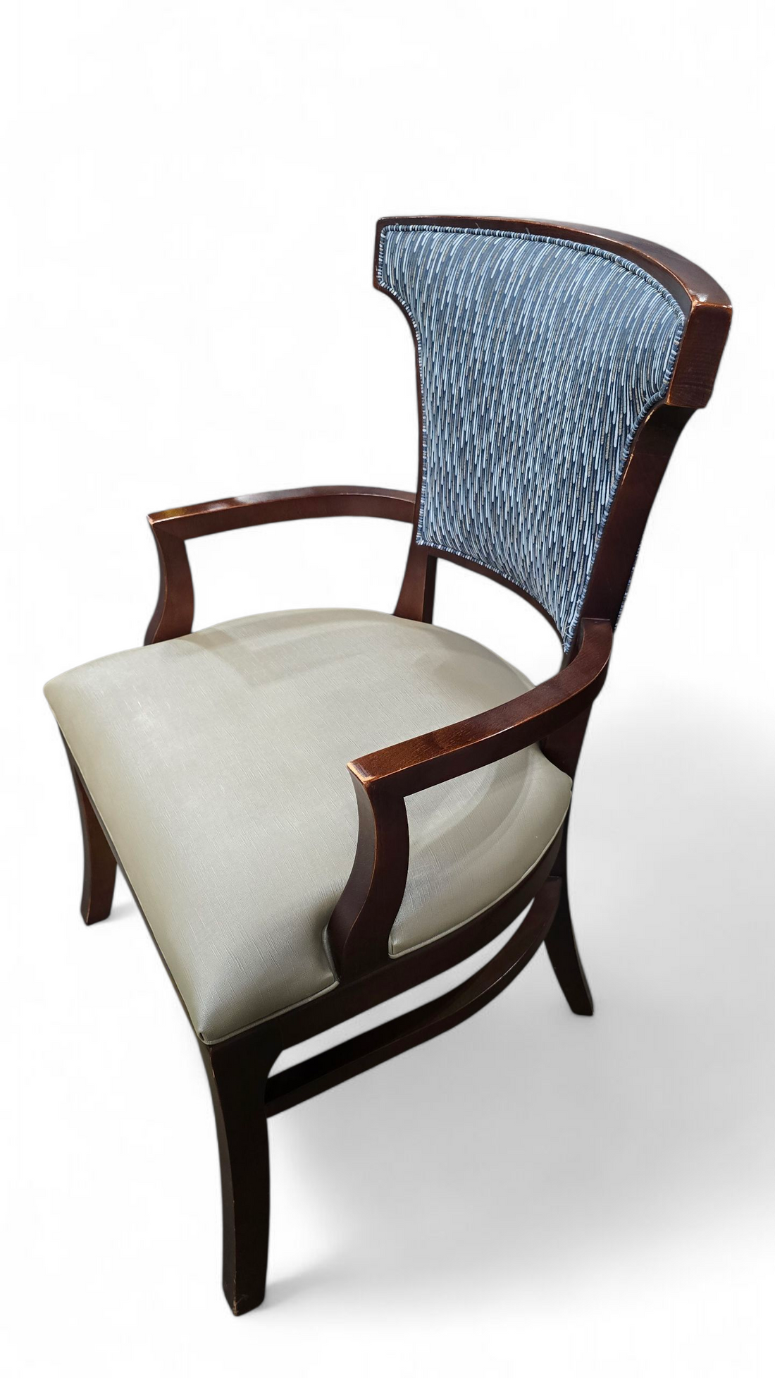 “Used formal dining chair with arms and vinyl seat – elegant resort-style furniture from SHL”
