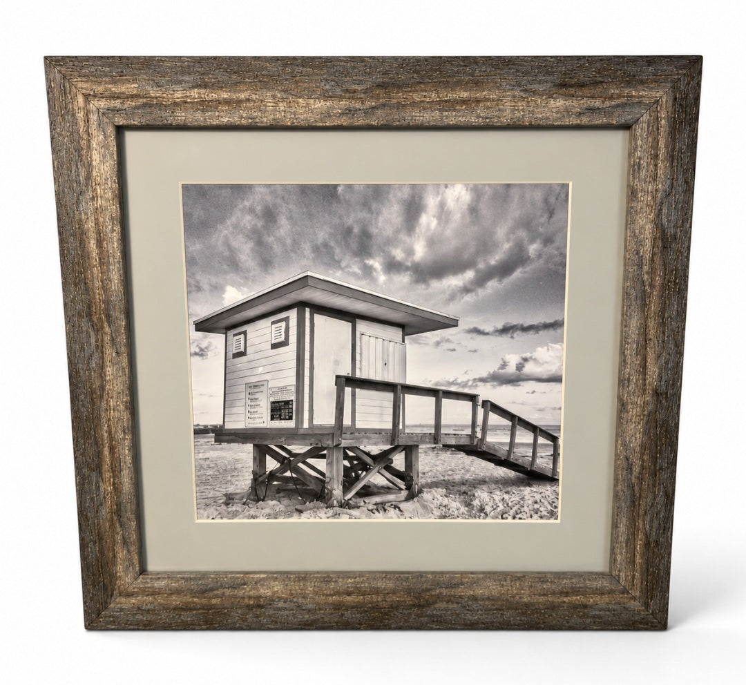 Used SHL framed black and white lifeguard stand beach photograph 19.5x19.5