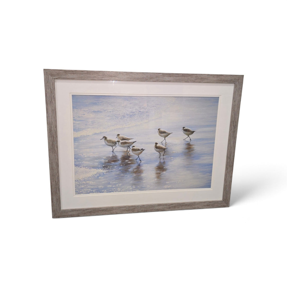 Used framed sandpiper beach artwork with sandpipers walking along shoreline, 43.5 x 33.5 inches, SHL