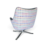Used accent chair with colorful red blue green and yellow geometric patterned fabric on back, SHL