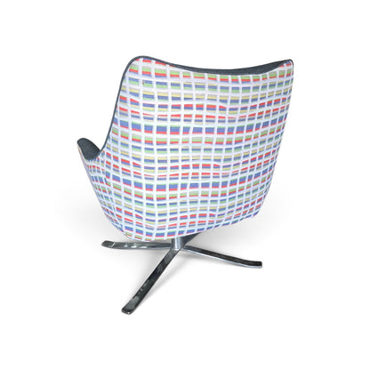Used accent chair with colorful red blue green and yellow geometric patterned fabric on back, SHL